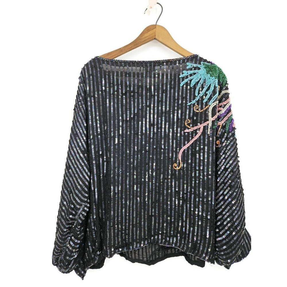 Vtg Cassis Peacock Bird Sequin Top Womens L Black Silk - Picture 2 of 6